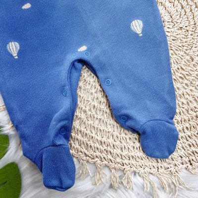  Macacão Tricotil (Tricot 100% Algodão) com Gola e Bordado - Balões - Azul Jeans 
